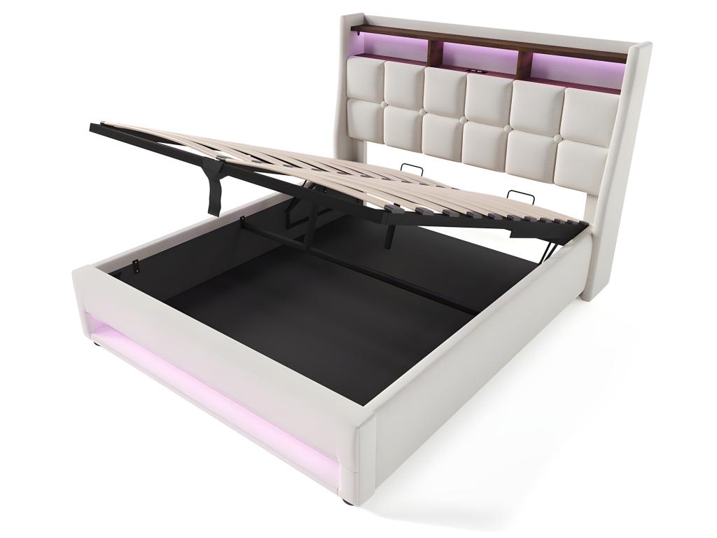 Lit avec port USB et éclairage LED - 140 x 200 cm - Beige