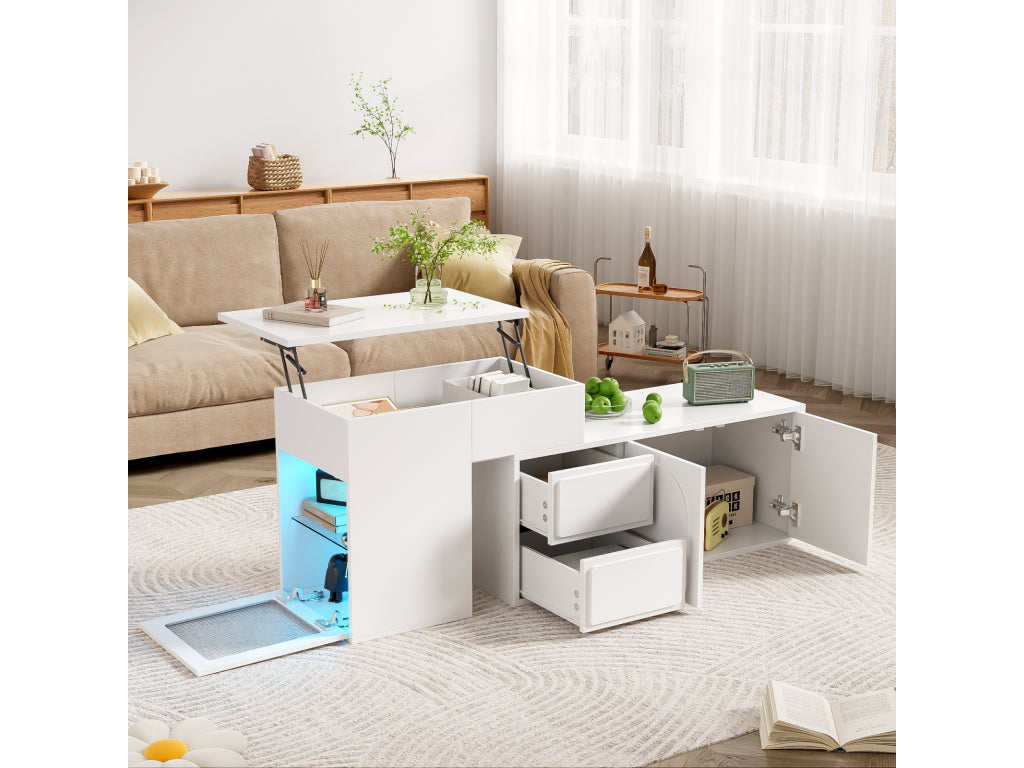 Table avec 2 étagères et 16 LED, MDF et plomb, blanc - Article