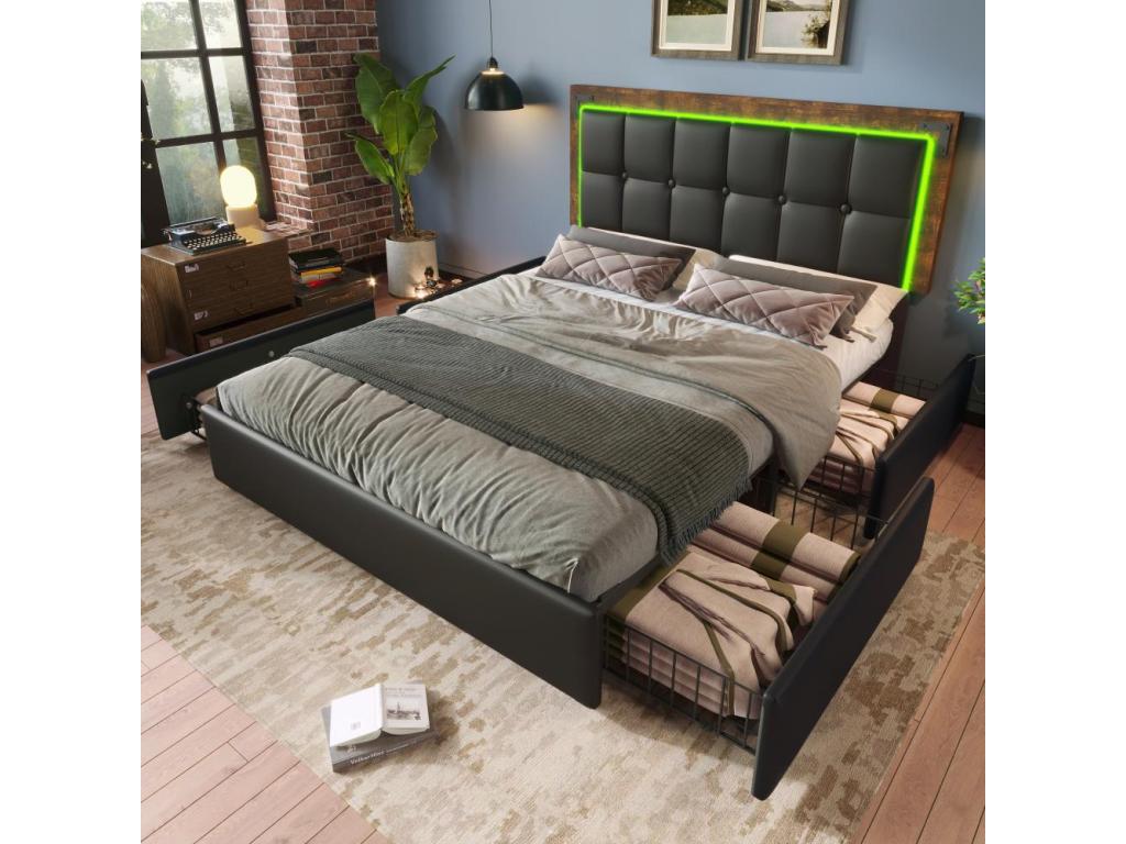 Lit avec sommier 140x200 cm, éclairage LED et 4 coussins en PU noir - Article